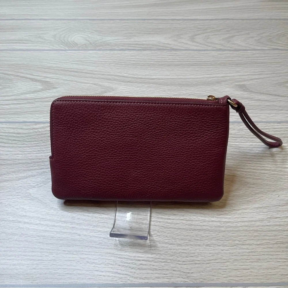 Coach Double Zip Pouch Wristlet Pebbled Leather Pink Maroon (Watermelon/Wine)
